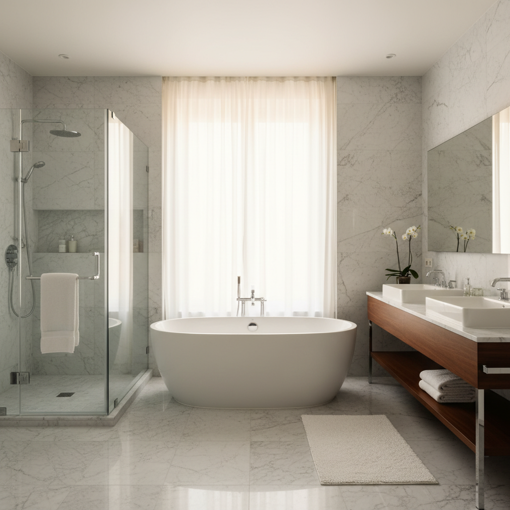 Spotless luxury bathroom with a freestanding soaking tub, clear glass shower, and gleaming marble walls under soft natural light
