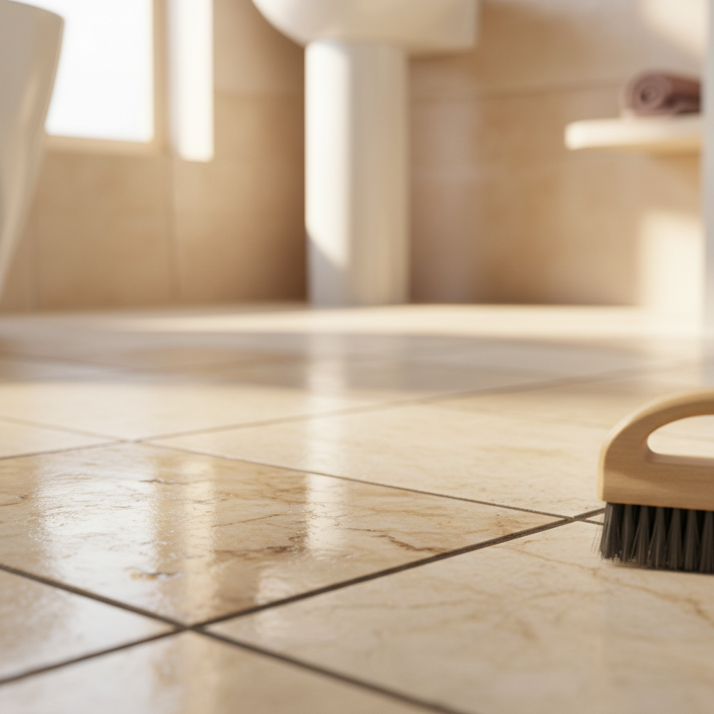 Close-up of stone floor tile with clearly defined clean grout lines and a small scrub brush resting at the edge