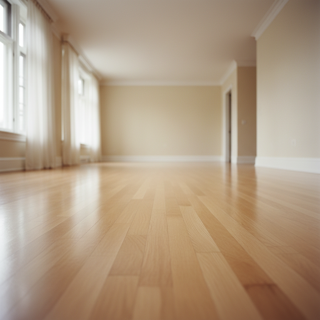 wide open unfurnished room with hardwood floor and white baseboards fully visible