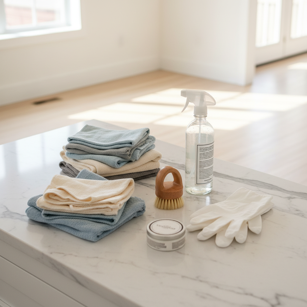 microfiber cloths, spray bottle, scrub brush, and gloves arranged on a white marble countertop