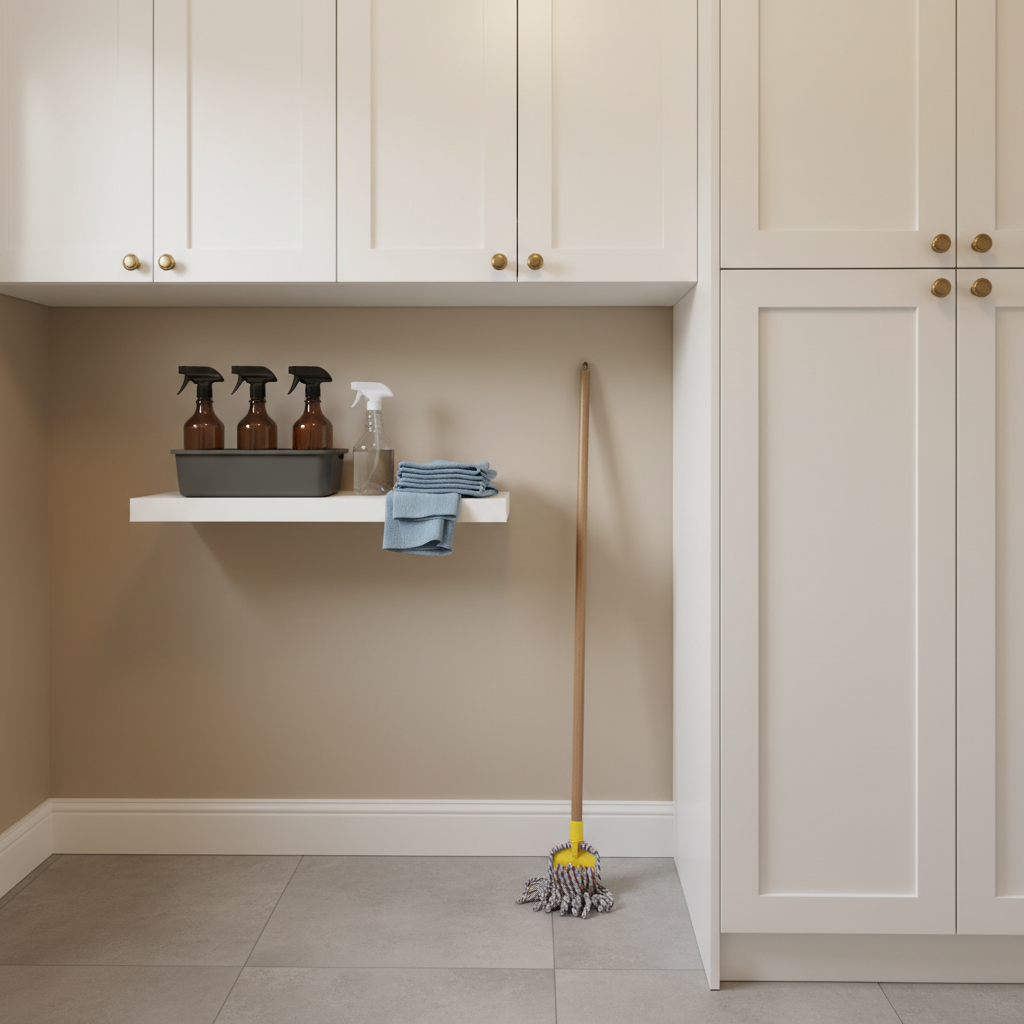 Neatly arranged cleaning supplies caddy and microfiber cloths on a white utility shelf
