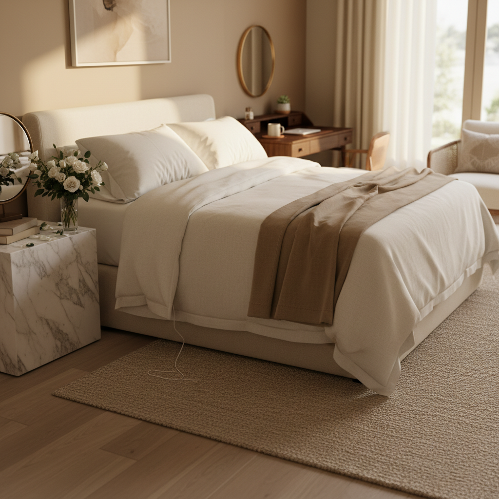 Guest bedroom with unmade linens and afternoon light suggesting an interrupted cleaning preparation