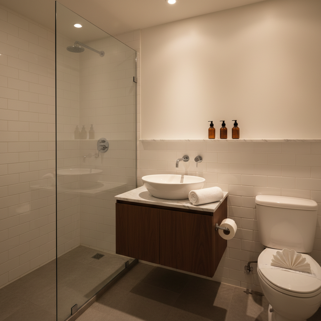 Spotless short-term rental bathroom with gleaming tiles, rolled towel, and symmetrically arranged toiletry bottles on a marble shelf