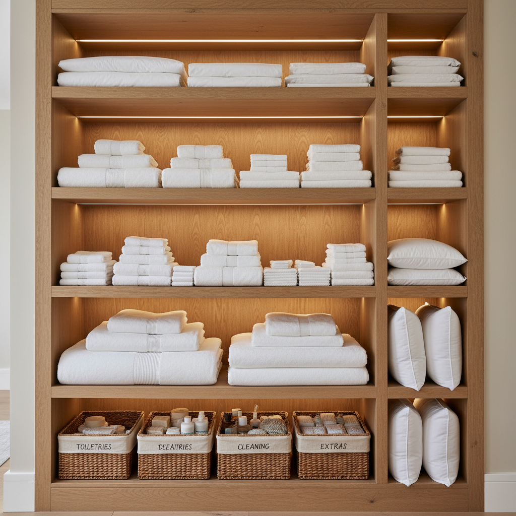 Organized linen closet with neatly folded white towels, bed sheets, and labeled wicker baskets holding restocking supplies