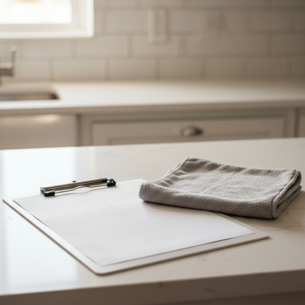 A plain clipboard with a blank checklist sheet on a white quartz kitchen countertop beside a folded microfiber cloth