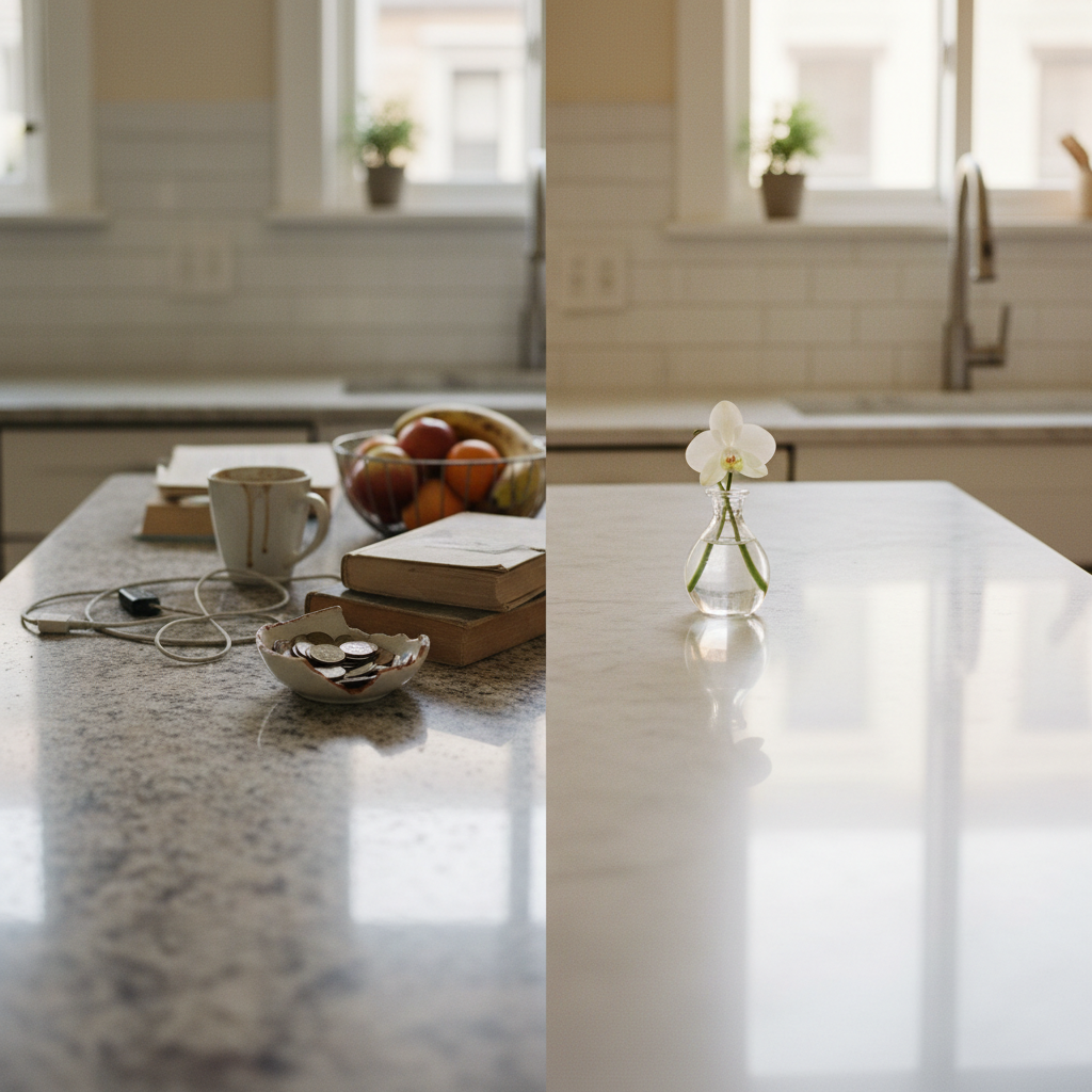 Two adjacent kitchen countertop zones side by side — one lightly cluttered and dusty, the other immaculately polished and clear