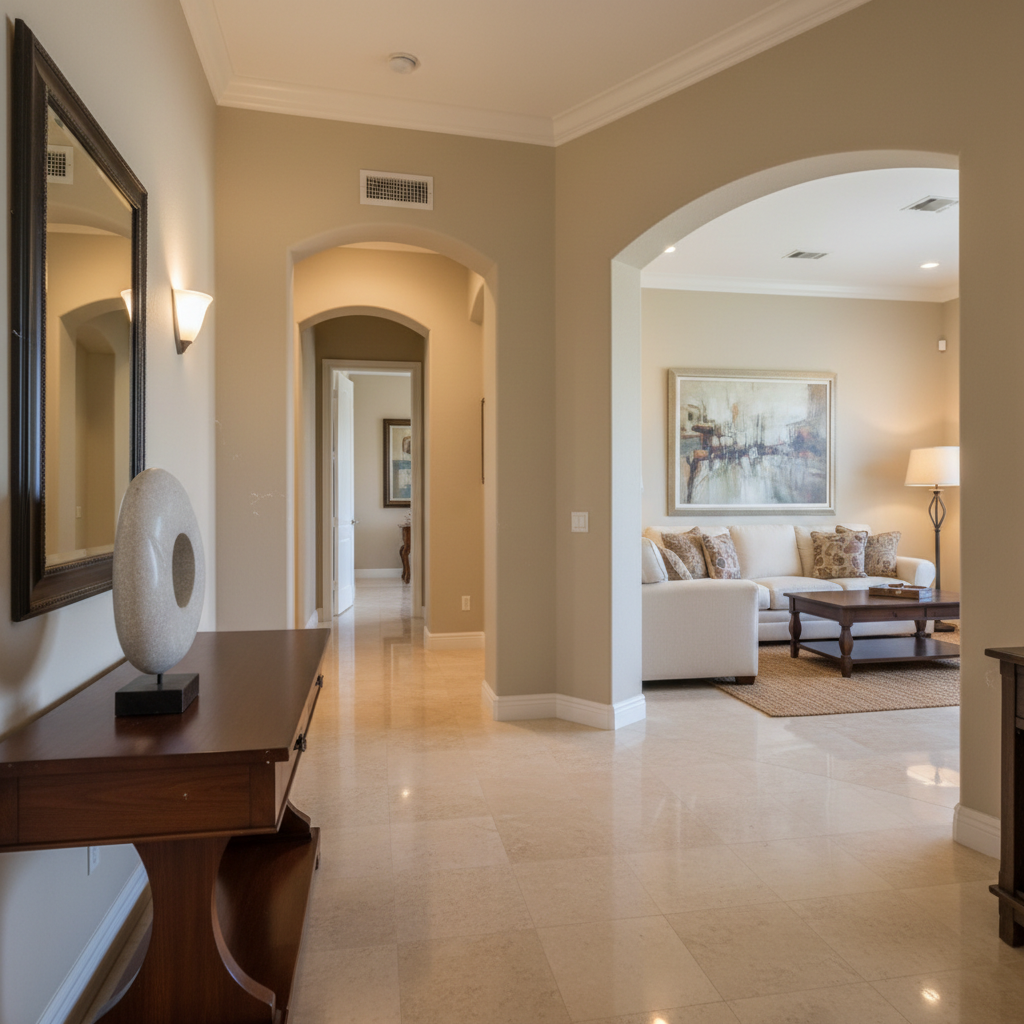 Spacious home foyer with travertine floors leading toward a smaller living room through an open doorway