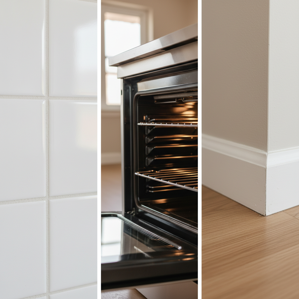 Close-up of scrubbed kitchen grout lines, clean oven interior, and dust-free baseboard in a bright home