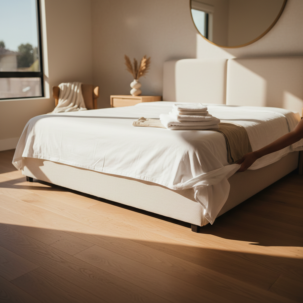 Guest bedroom mid-reset with a bare mattress, folded fresh linens, and warm afternoon light on light oak flooring