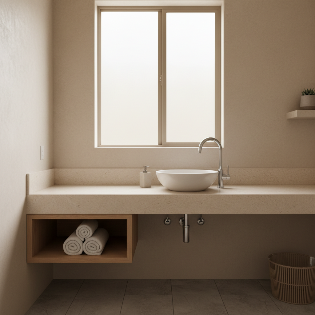 Spotless guest bathroom with neatly rolled white towels, polished chrome fixtures, and a clean natural stone countertop