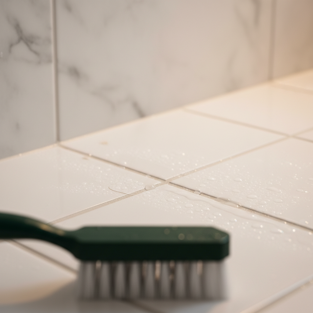 Close-up of freshly scrubbed white tile grout lines with a cleaning brush resting at the edge, water droplets catching warm light