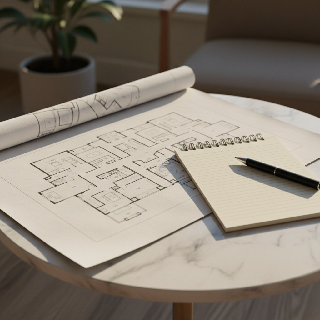 Architectural floor plan of a large multi-wing home laid on a marble surface beside a notepad and pen for pre-clean assessment notes