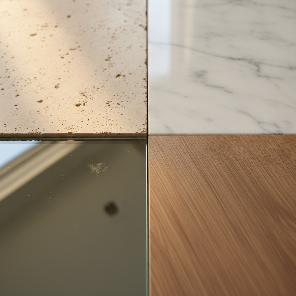 Closeup of four luxury home surface materials — travertine, marble, hardwood, and glass — side by side in natural light