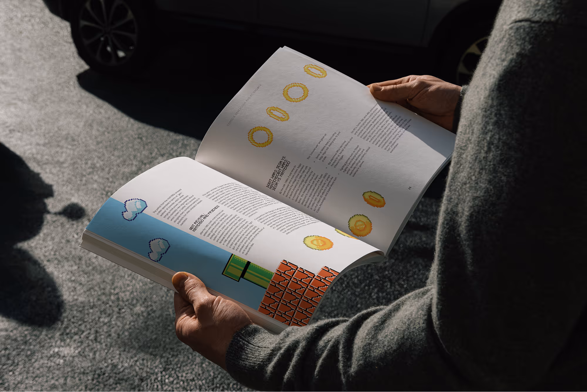 Videogame book in use, mockup.