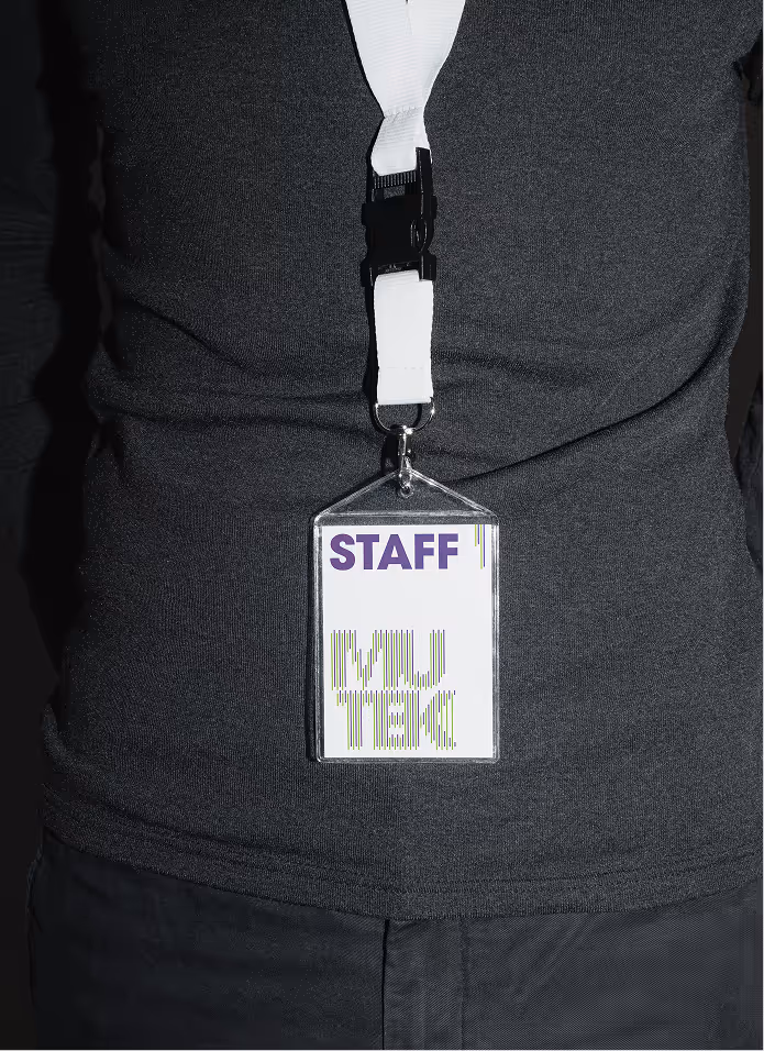 Badge mockup for staff members at MUTEK festival.