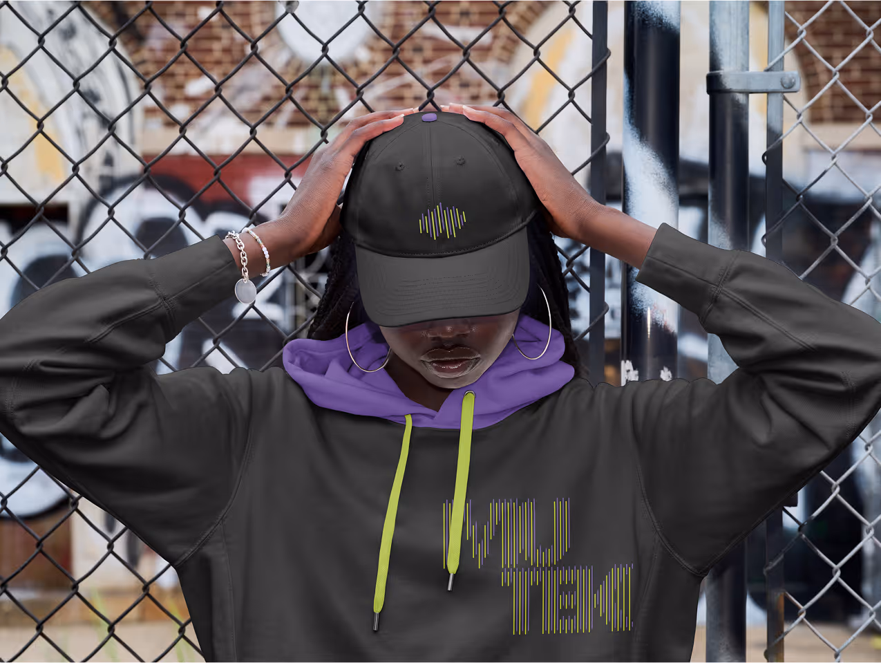 Woman modeling MUTEK merchandising mockup.