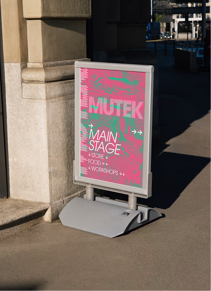 MUTEK directional sign mockup for festival.
