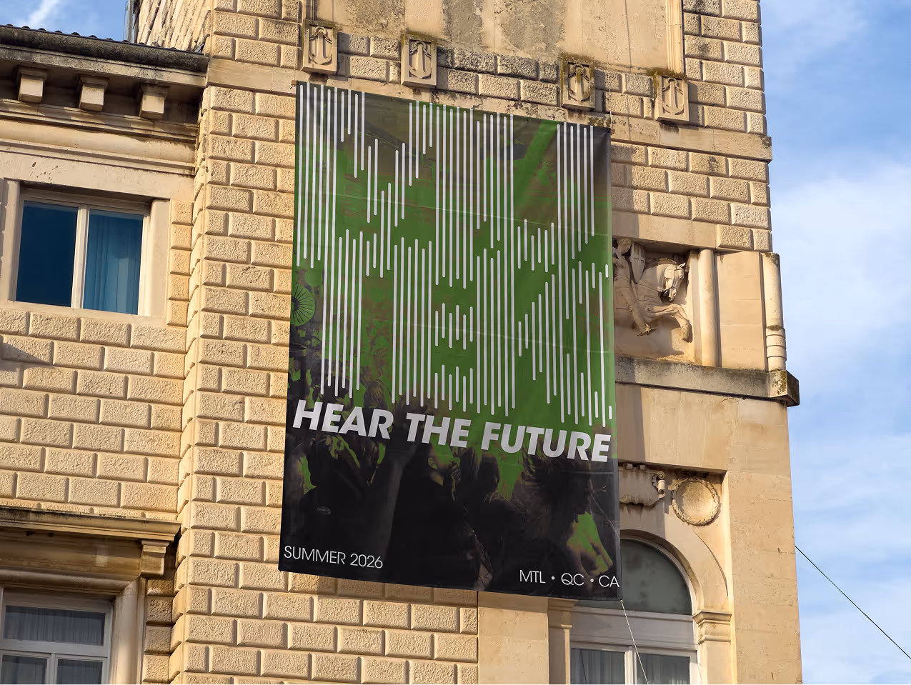 MUTEK banner on building mockup.