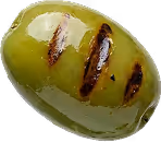Close-up of a green olive with three dark grill marks on its surface.
