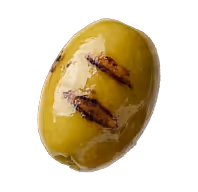 Close-up of a green olive with two dark grill marks on its surface.