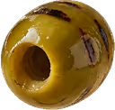 Single green olive with pimento, glossy and sliced open on one side.