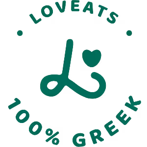 Logo with stylized letter L and heart, text reads LOVEATS 100% GREEK around it.