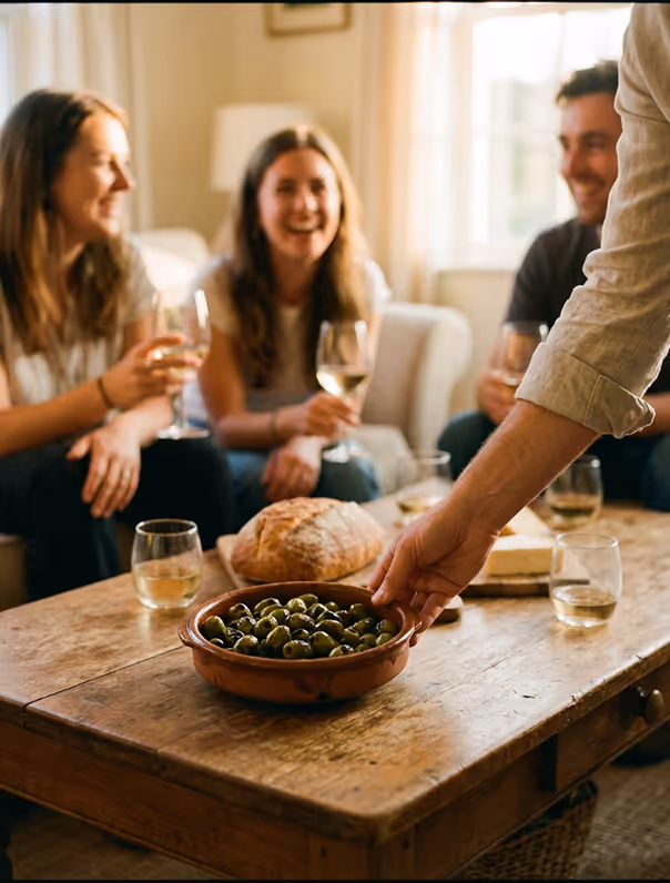 People sitting around a wooden table with glasses of white wine and a bowl of green olives being placed.