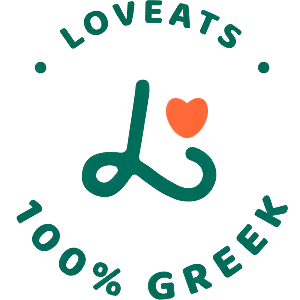 Loveats logo with a stylized letter L and a small red heart, surrounded by text 100% Greek.