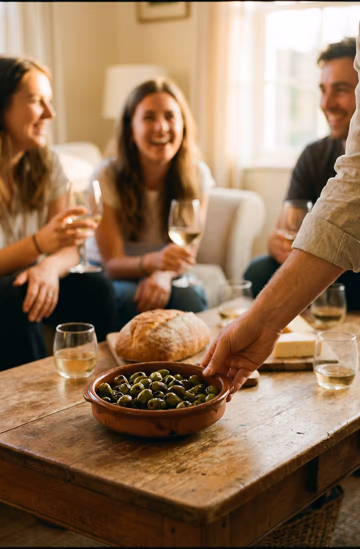 People enjoying drinks around a wooden table with olives, bread, and cheese in a cozy room.