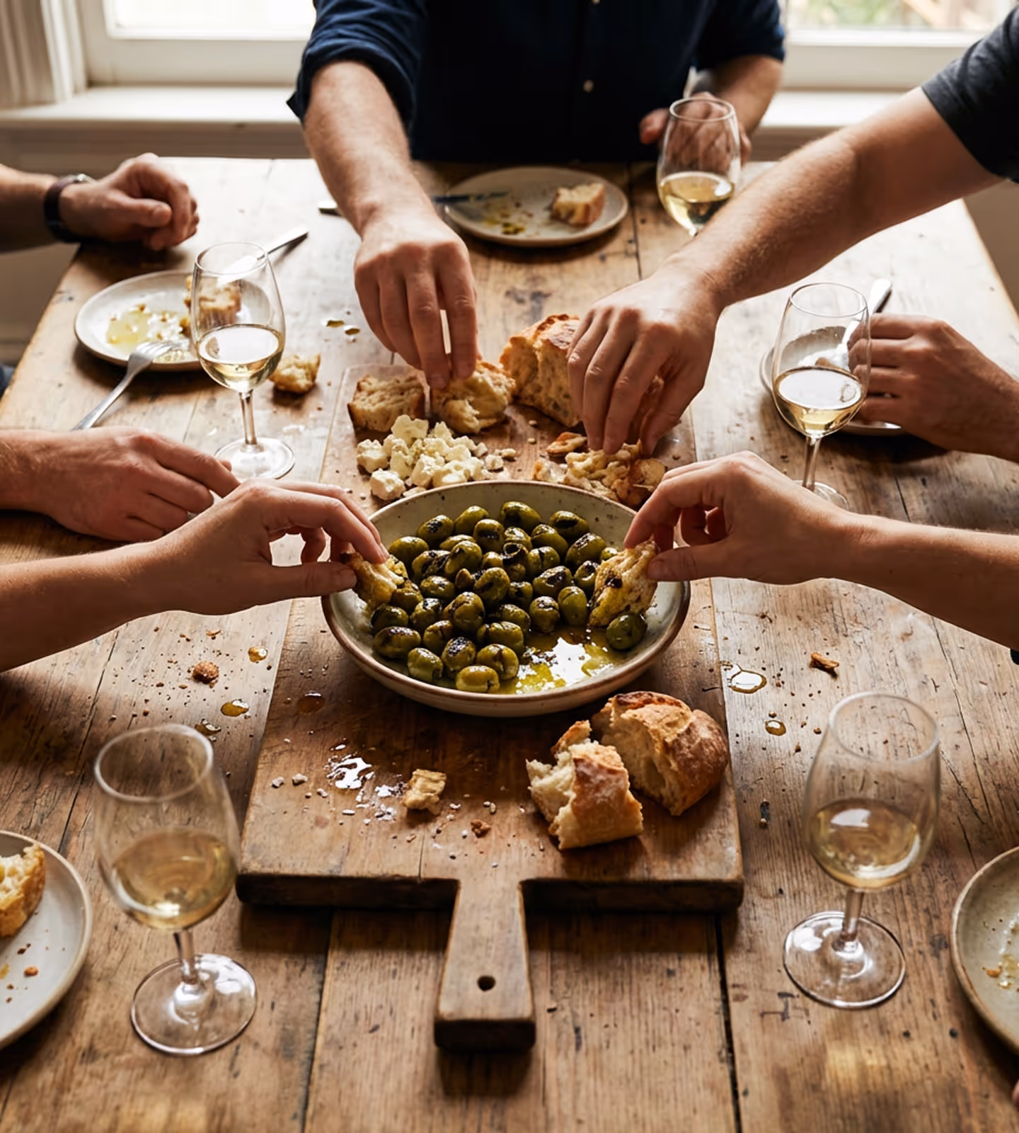 Hands reaching for bread and olives on a wooden board with wine glasses around a rustic table.