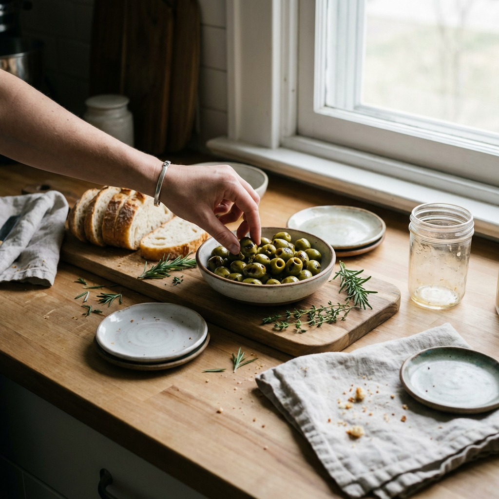 “Loveats olives served by hand on a rustic kitchen table with plates and natural window light.”