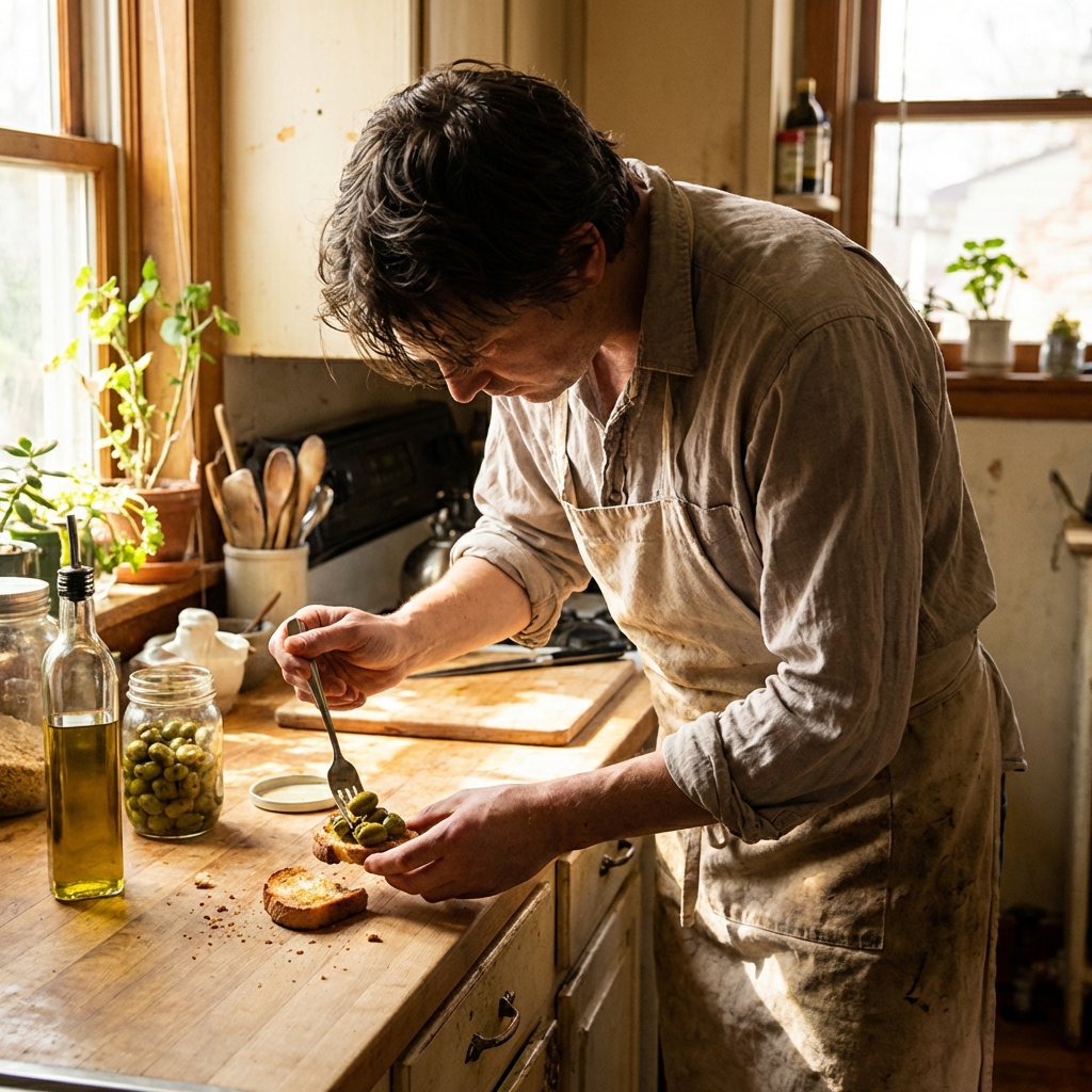 “Loveats olives being prepared by hand with olive oil and fresh ingredients in a warm kitchen.”