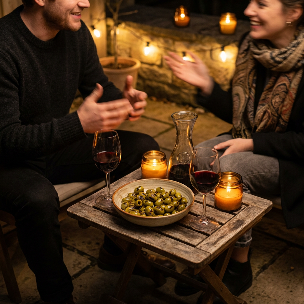 “Loveats olives served at a cozy candlelit table with drinks and shared conversation.”