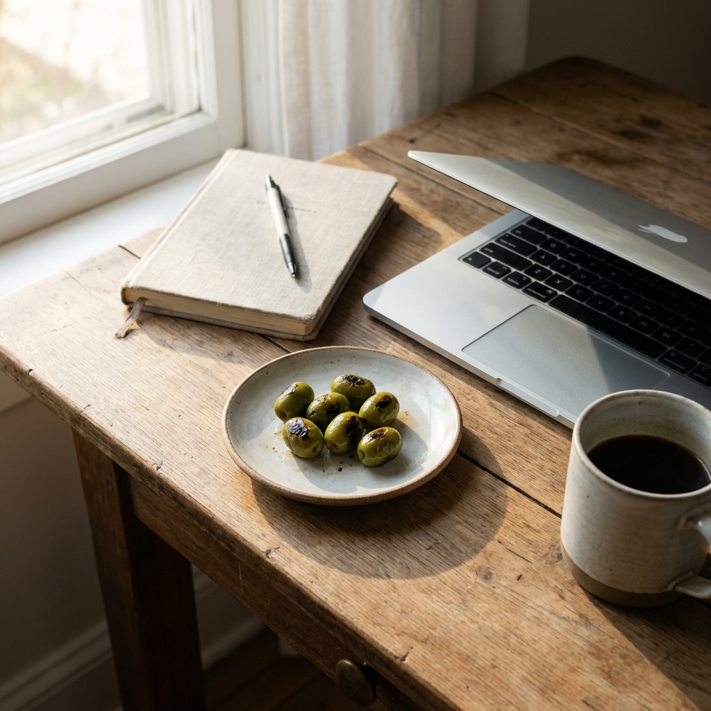 “Loveats olives as a desk snack beside coffee, notebook, and laptop by a sunny window.”