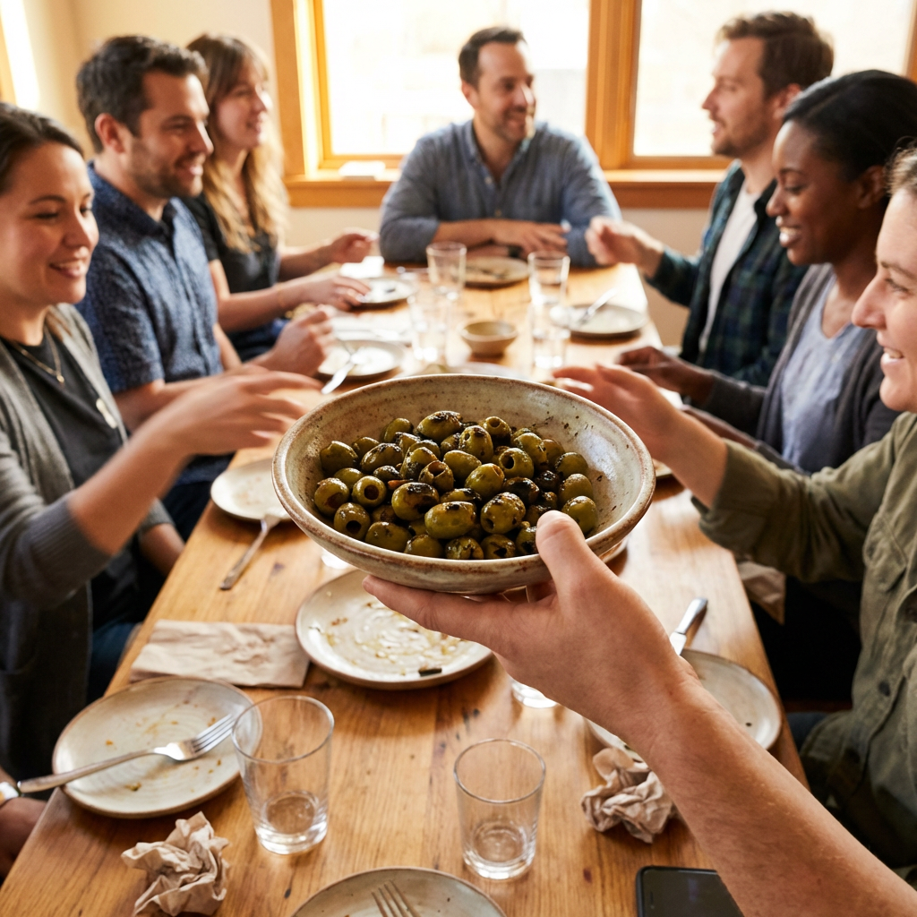 “Friends sharing Loveats Mediterranean food around a table with olives, bread, and fresh dishes.”