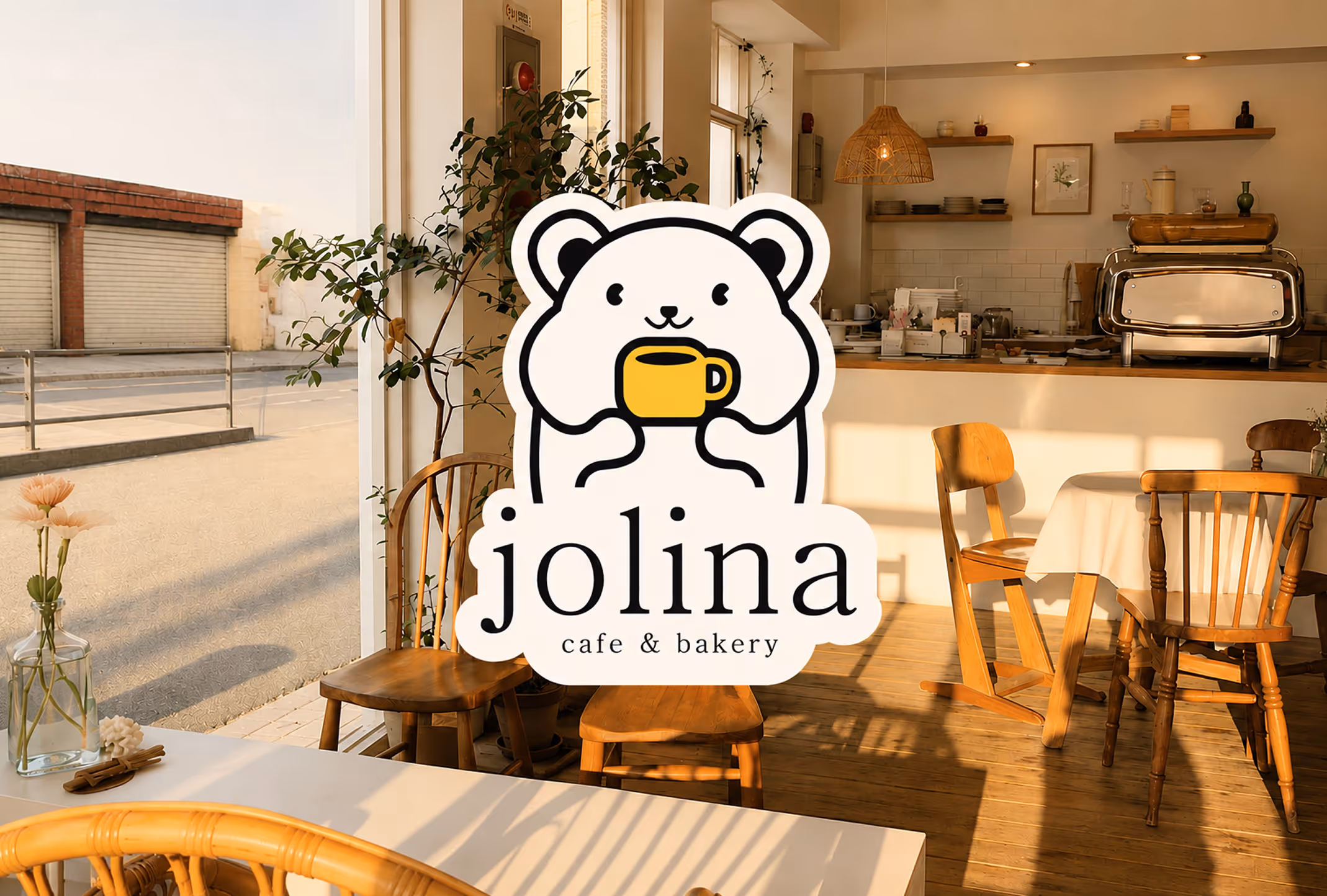 Alt text: Jolina Café & Bakery mascot logo displayed within a warm café interior environment.  Credit: Interior environment inspired by reference imagery and digitally composited for branding presentation.