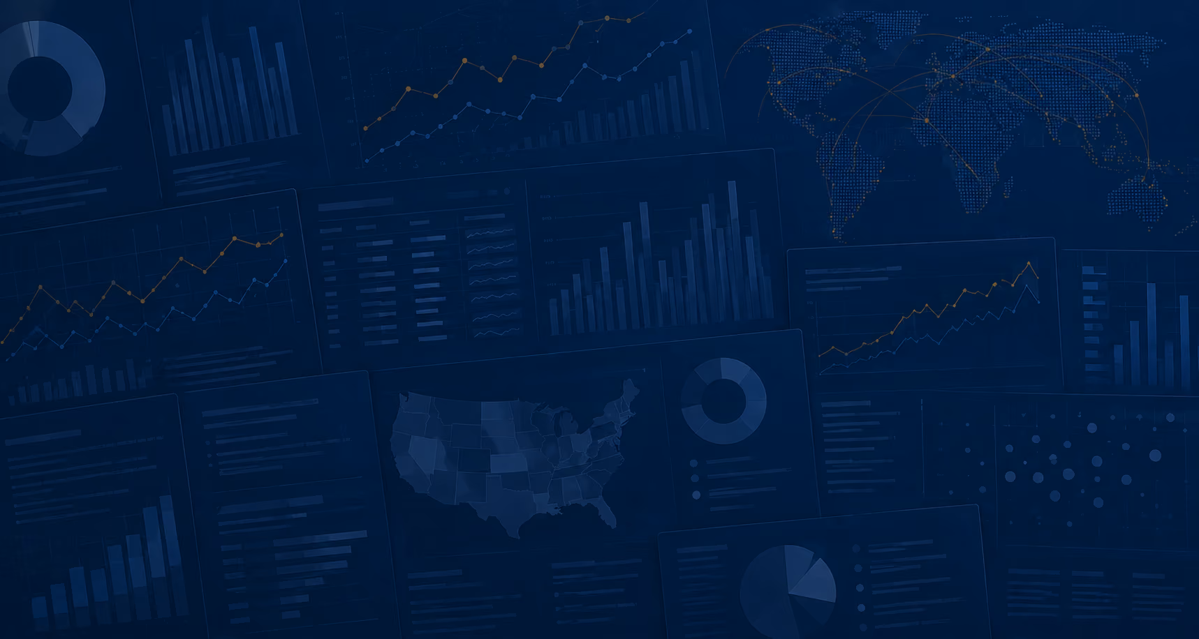 Dark-themed collage of data visualizations including charts, maps, and graphs.