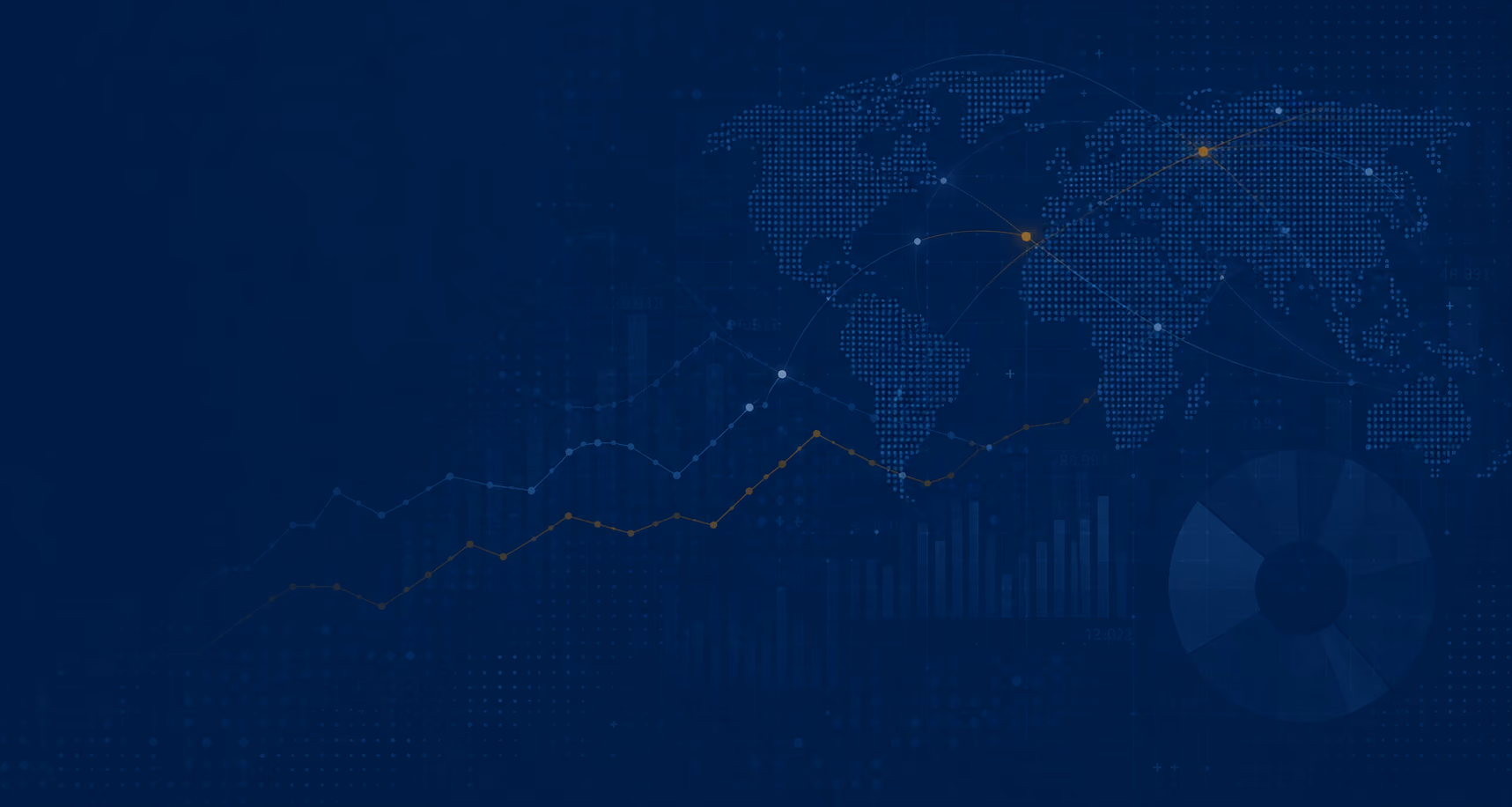 World map with digital data points, graphs, and connecting lines representing global financial data.