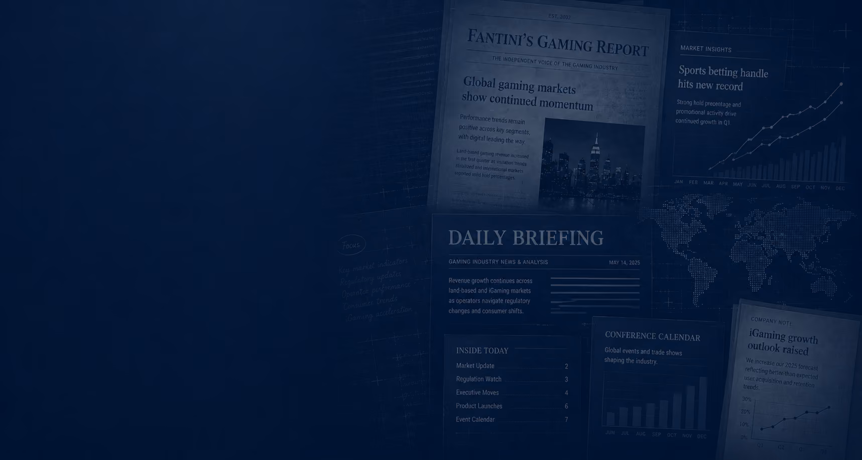 Newspaper and reports showing gaming market growth, sports betting record, conference calendar, and global map.