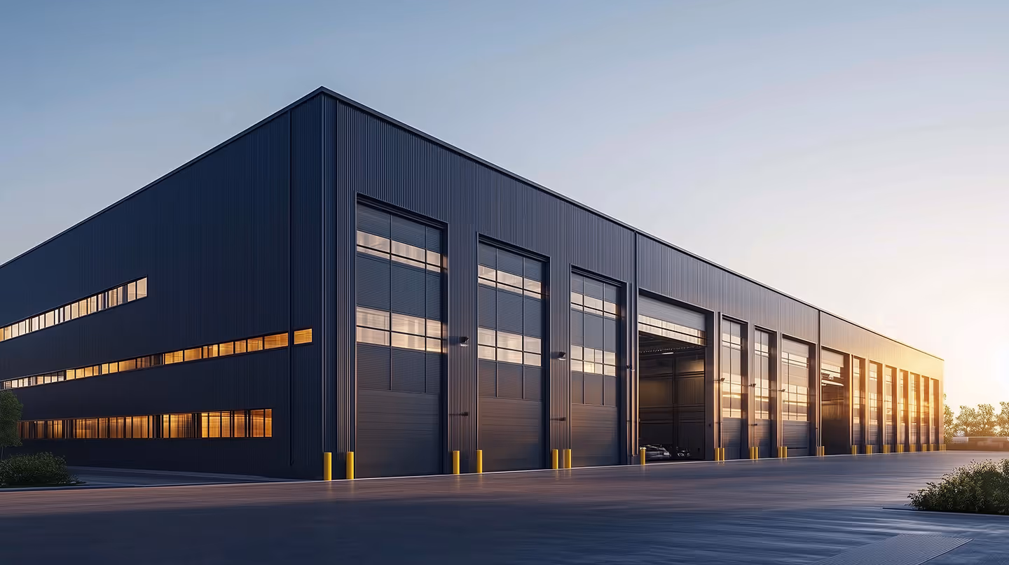 Modern industrial warehouse with large windows and loading bays at sunset.