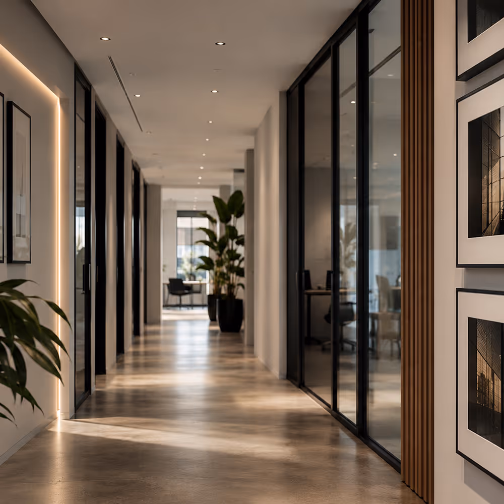 Modern office hallway with glass walls, framed artwork, potted plants, and polished concrete floor.