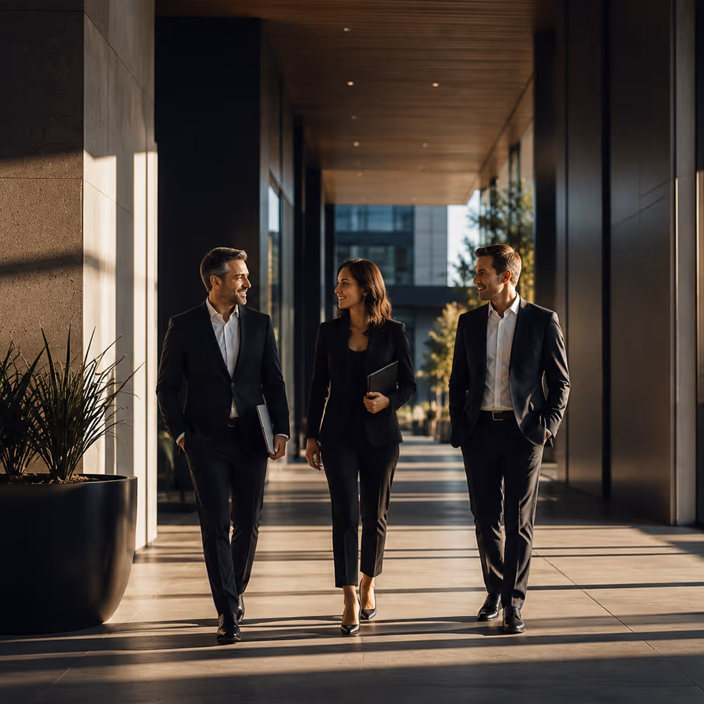 Three business professionals walking and talking in a modern office corridor with sunlight.