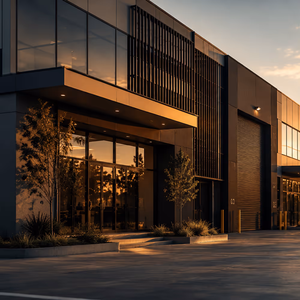 Modern commercial building exterior with large glass windows and trees lit by warm sunset light.