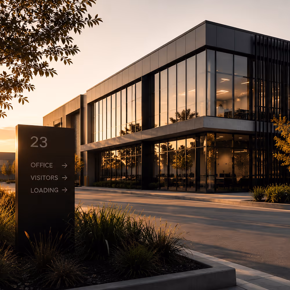 Modern office building at sunset with sign pointing to office, visitors, and loading areas.