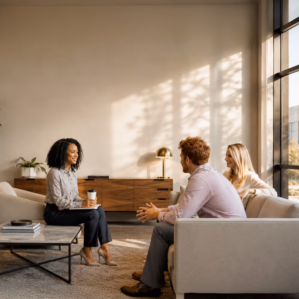 Woman holding coffee talks to man and woman seated on a couch in a bright modern office.