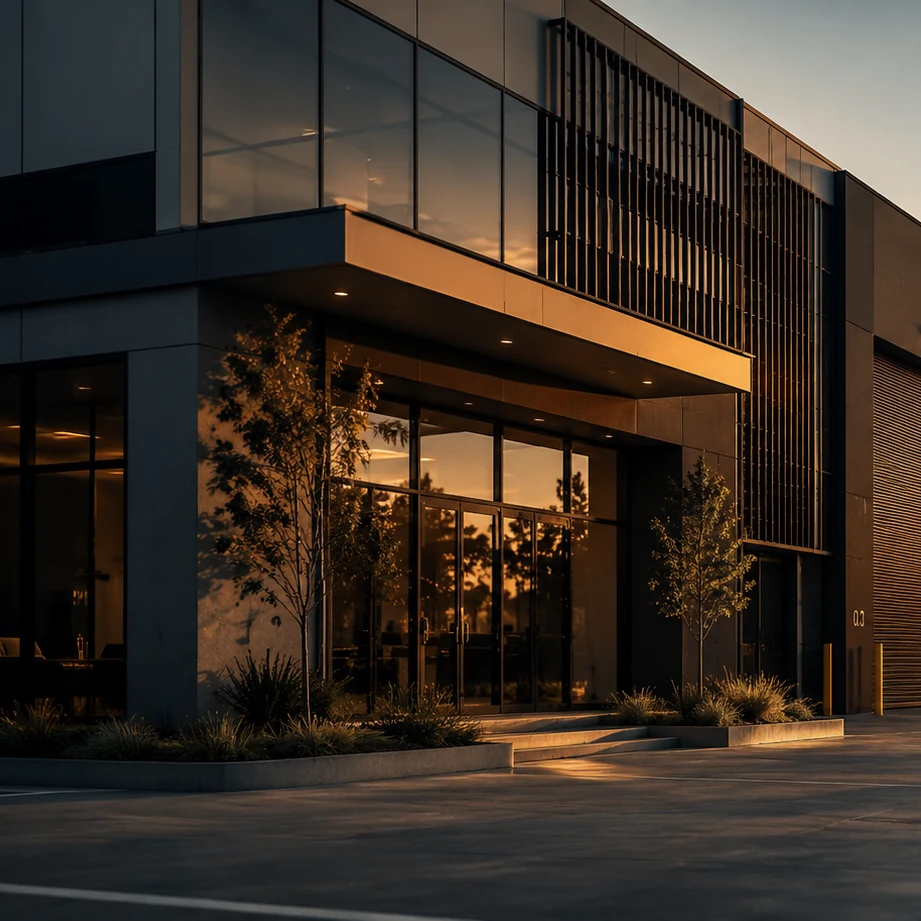 Modern commercial building exterior with large glass windows and trees lit by warm sunset light.