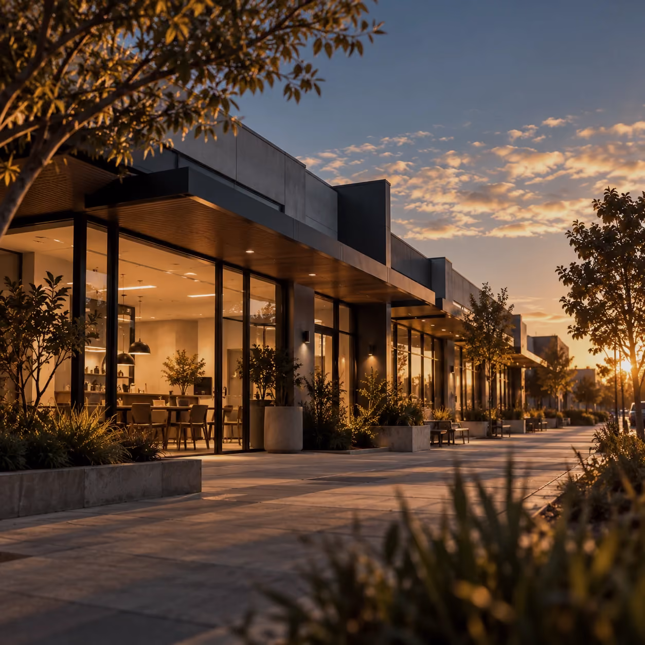 Modern commercial shopfronts with warm interior lighting at sunset.