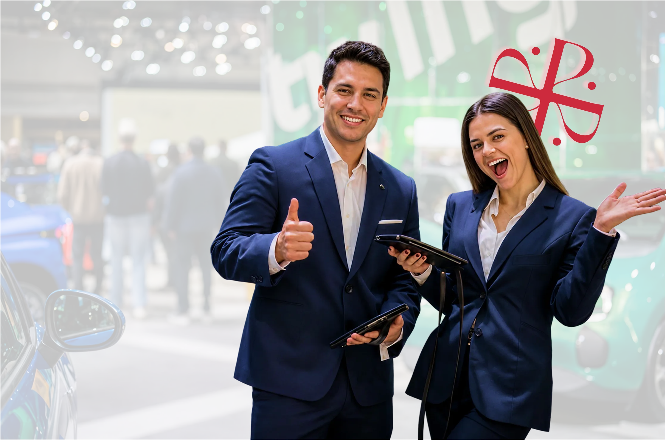 Deux conseillers automobiles en costumes sourient, tenant des tablettes dans un salon automobile, le Bruxelles Motor Show.