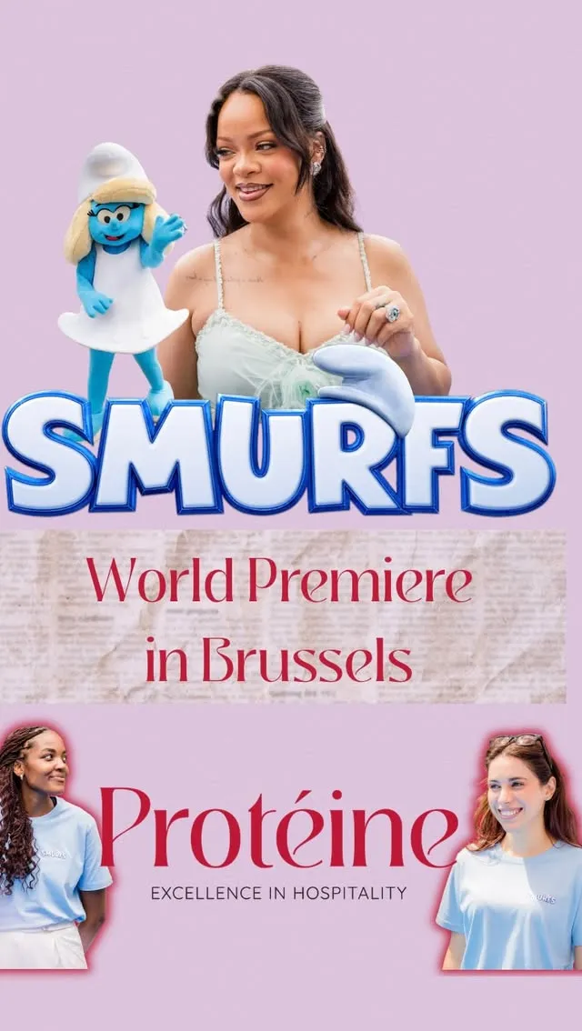 Rihanna avec une figurine de la Schtroumpfette au-dessus du logo Schtroumpfs, promotion à Bruxelles.