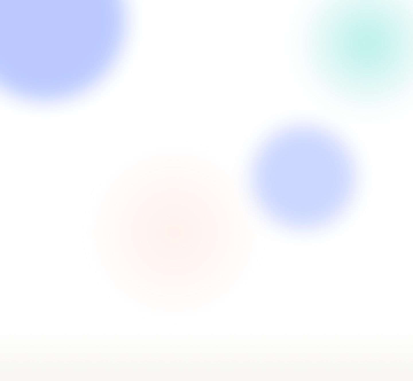 Four blurred glowing circles in blue, orange, and teal on a black background above a white base.